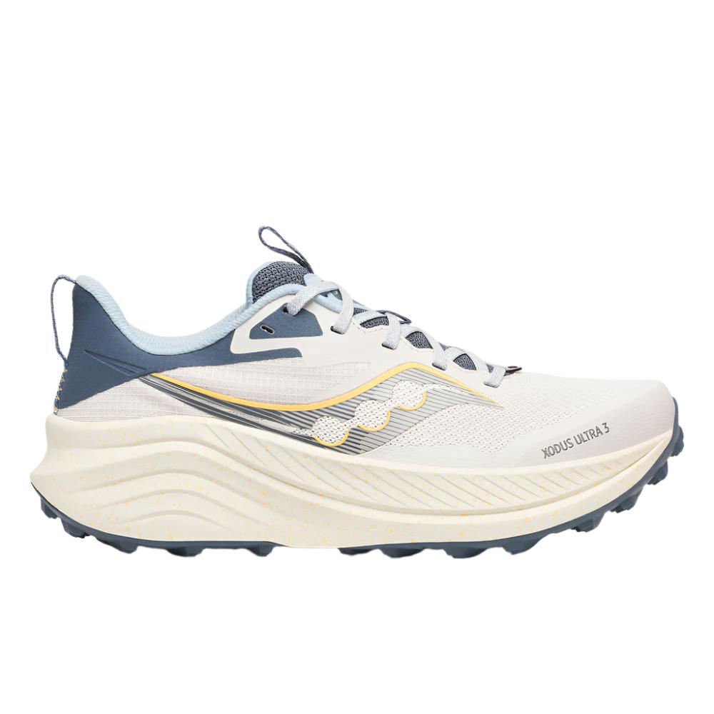 Side view on white background of Womens Saucony Xodus Ultra 3 running shoe in Moon/Dusk, Medium (Regular) width