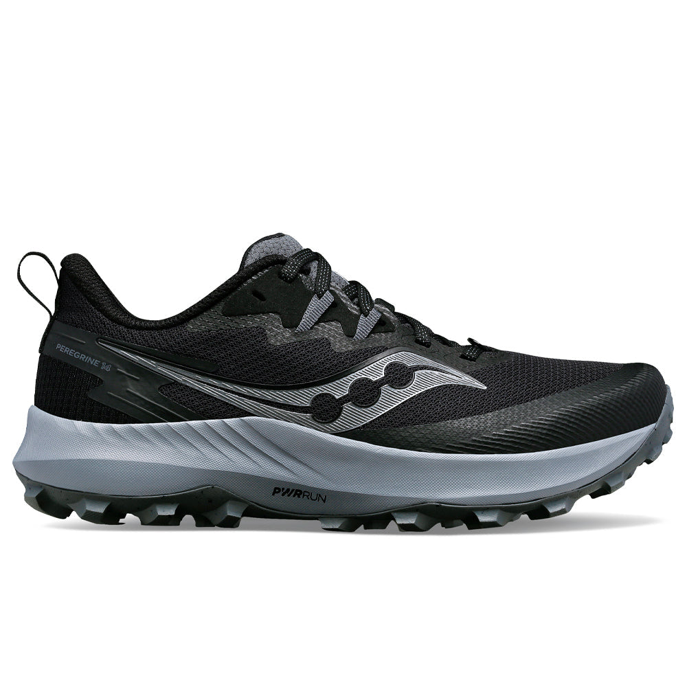 Side view on white background of Womens Saucony Peregrine 14 running shoe in Black/Carbon, Wide width