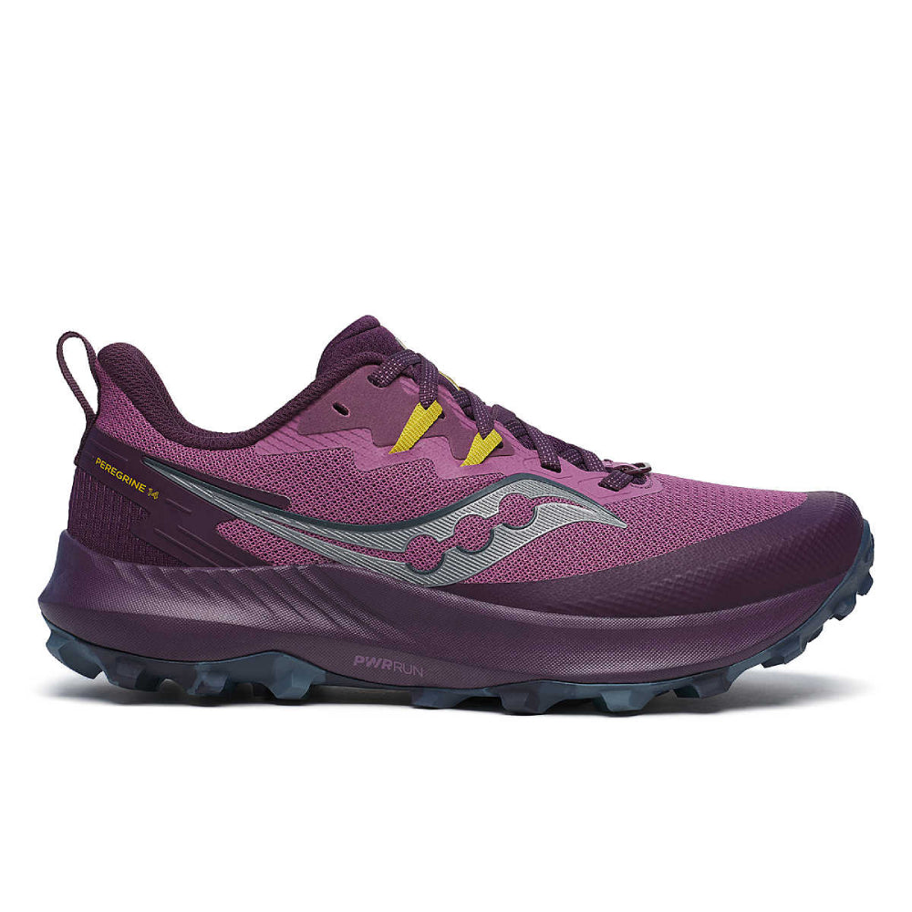 Side view on white background of Womens Yellow saucony Peregrine running shoe in Plum/Eggplant, Medium (Regular) width