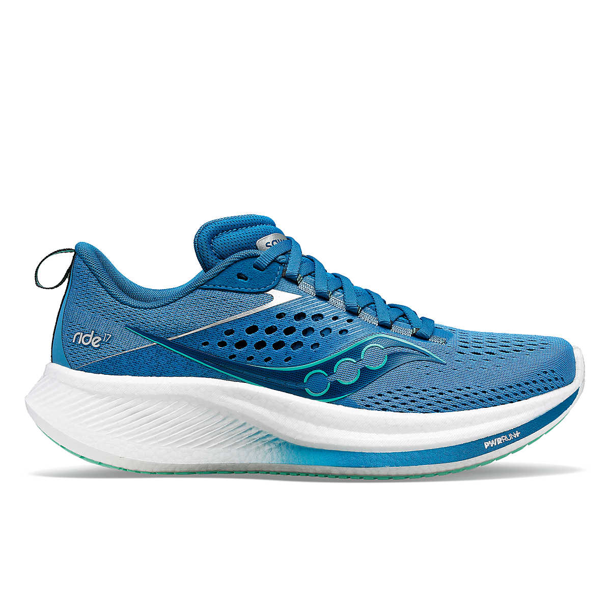 Side view on white background of Womens Saucony Ride 17 running shoe in Breeze/Grotto, Medium (Regular) width