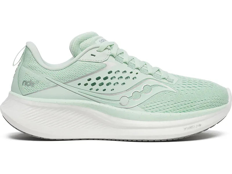 Side view on white background of Womens Saucony Ride 17 running shoe in Jade, Medium (Regular) width