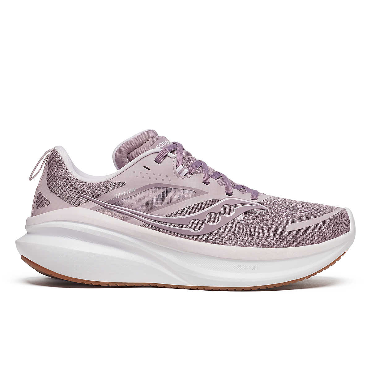 Side view on white background of Womens Saucony Omni 22 running shoe in Woodrose, Medium (Regular) width