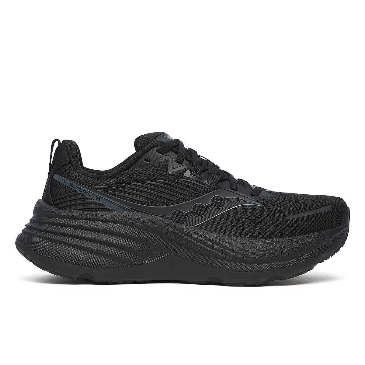 Side view on white background of Womens Saucony Hurricane 24 running shoe in Black/Black, Medium (Regular) width