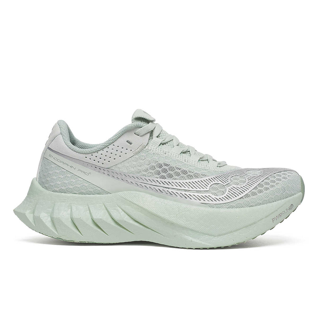Side view on white background of Womens Saucony Endorphin Pro 4 running shoe in Mist, Medium (Regular) width