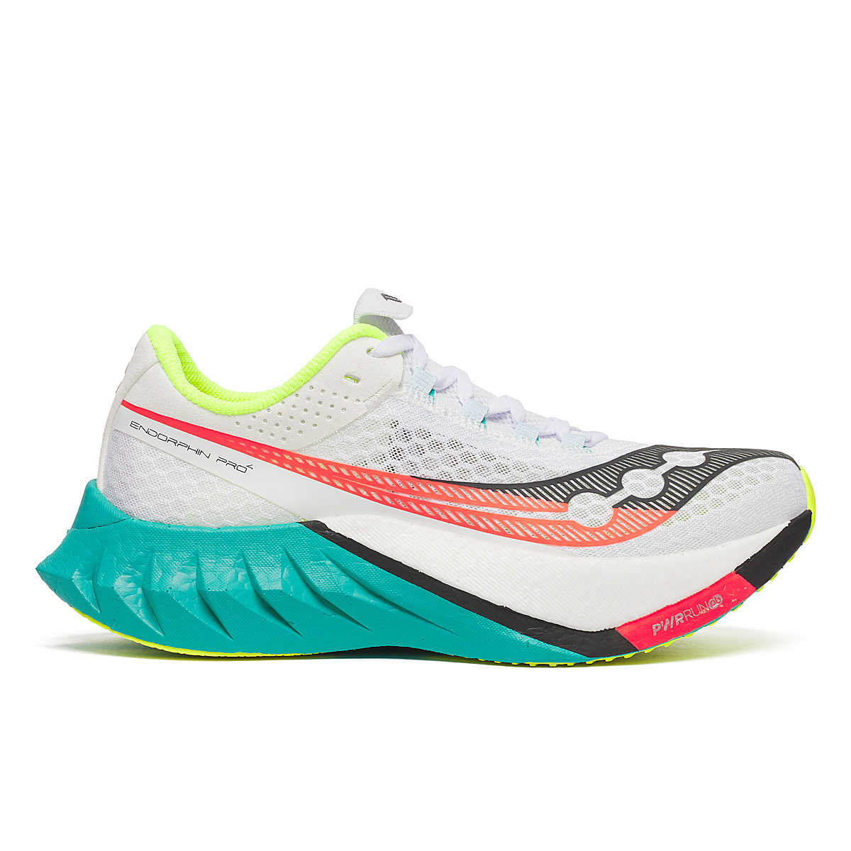 Side view on white background of Womens Saucony Endorphin Pro 4 running shoe in White/Mutant, Medium (Regular) width