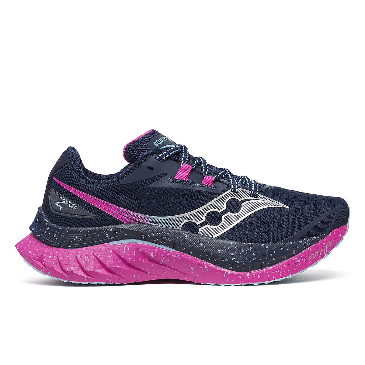 Side view on white background of Womens Saucony Endorphin Speed 4 running shoe in Navy/Fuchsia, Medium (Regular) width