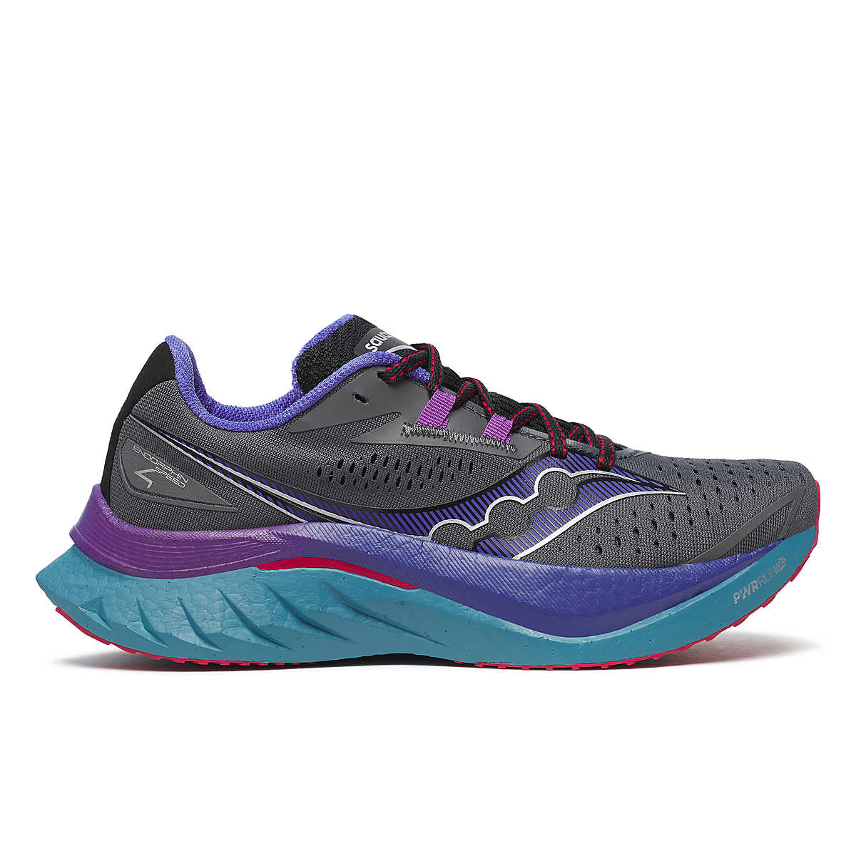 Side view on white background of Womens Saucony Endorphin Speed 4 running shoe in Shadow, Medium (Regular) width