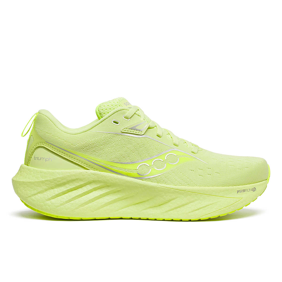 Side view on white background of Womens Saucony Triumph 22 running shoe in Sunny/Citron, Medium (Regular) width