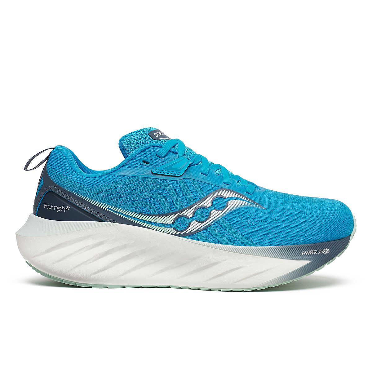 Side view on white background of Womens Saucony Triumph 22 running shoe in Viziblue/Dusk, Medium (Regular) width