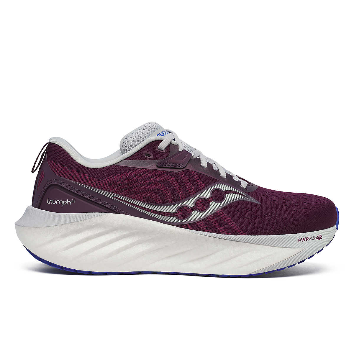 Side view on white background of Womens Saucony Triumph 22 running shoe in Plum and Royal, Medium width