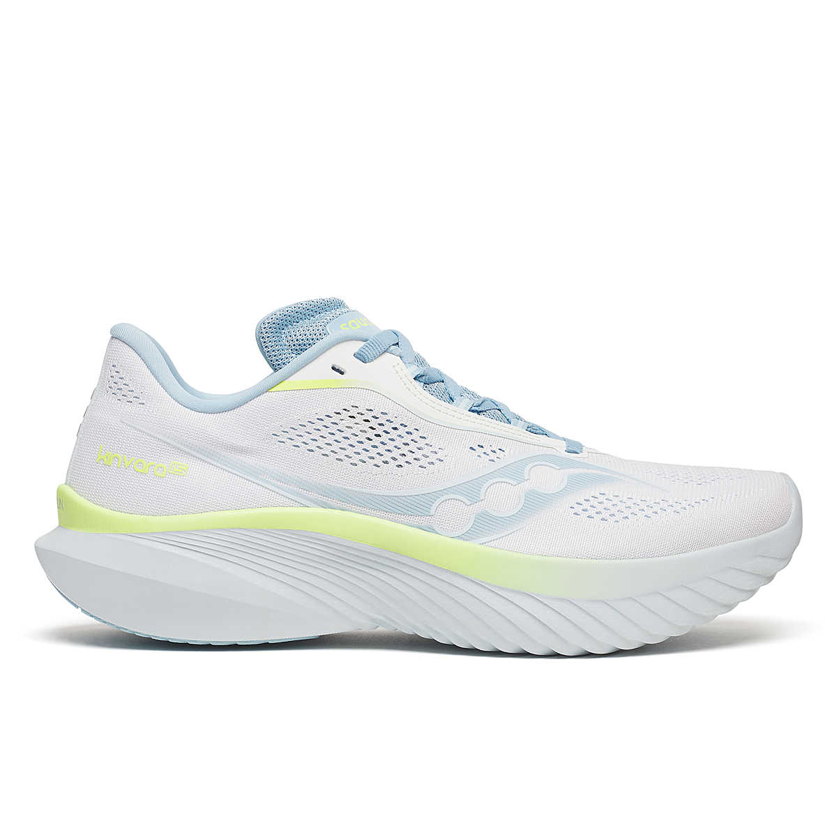 Side view on white background of Womens Saucony Kinvara 15 running shoe in White/Icemelt, Medium (Regular) width