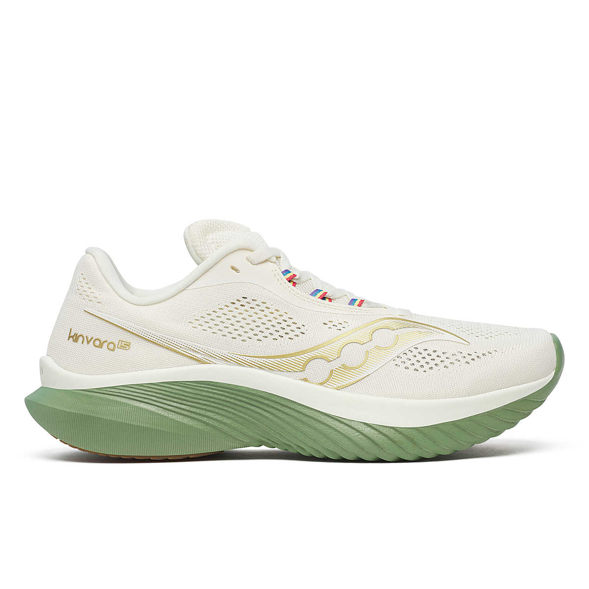 Side view on white background of Womens Saucony Kinvara 15 running shoe in Irish Cream, Medium (Regular) width
