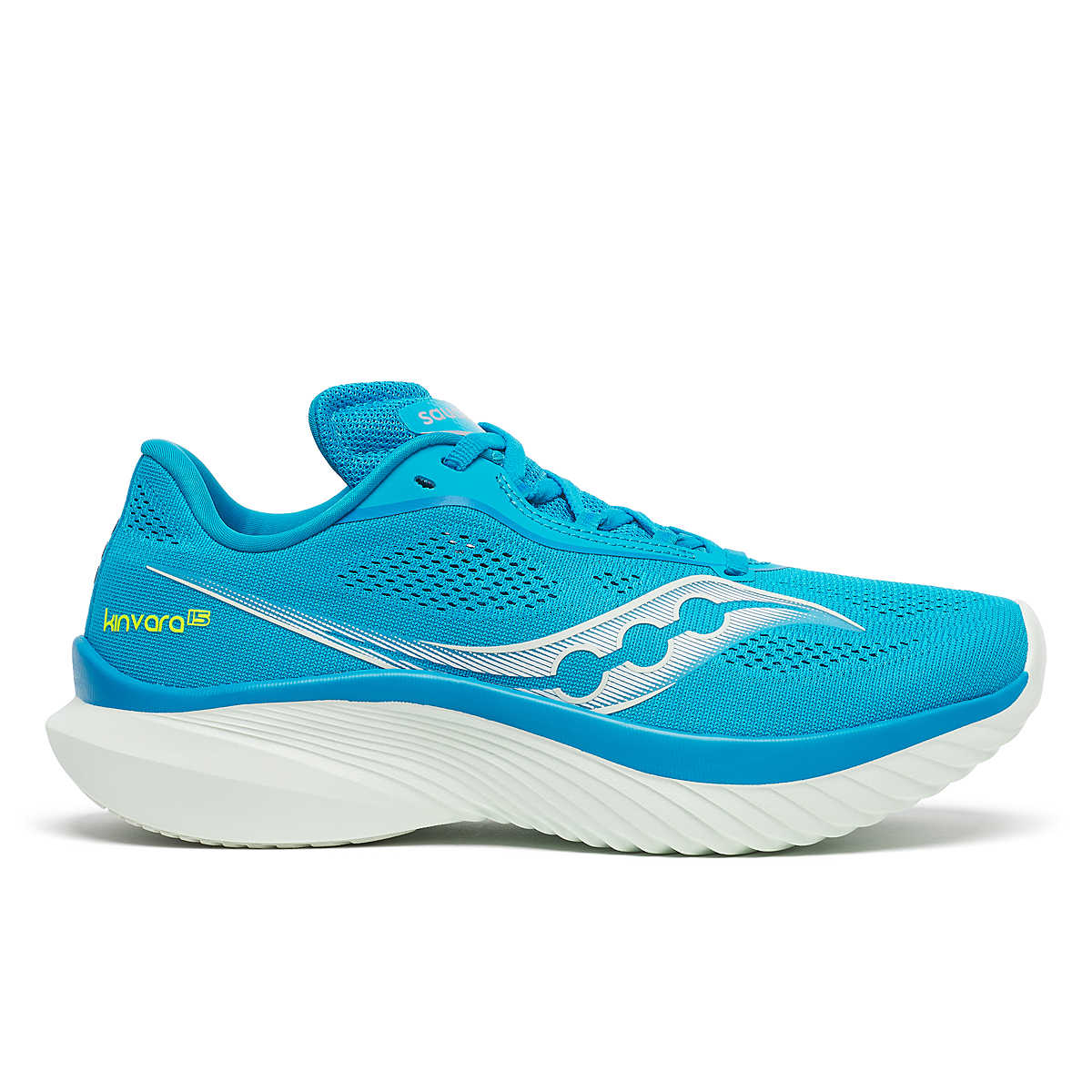 Side view on white background of Womens Saucony Kinvara 15 running shoe in Viziblue/Foam, Medium (Regular) width