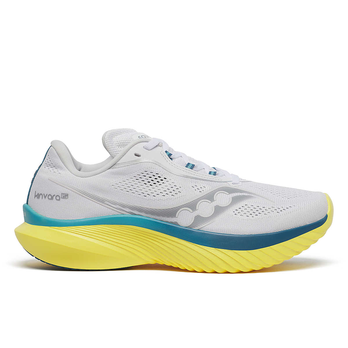 Side view on white background of Womens Saucony Kinvara 15 running shoe in White/Finch, Medium (Regular) width