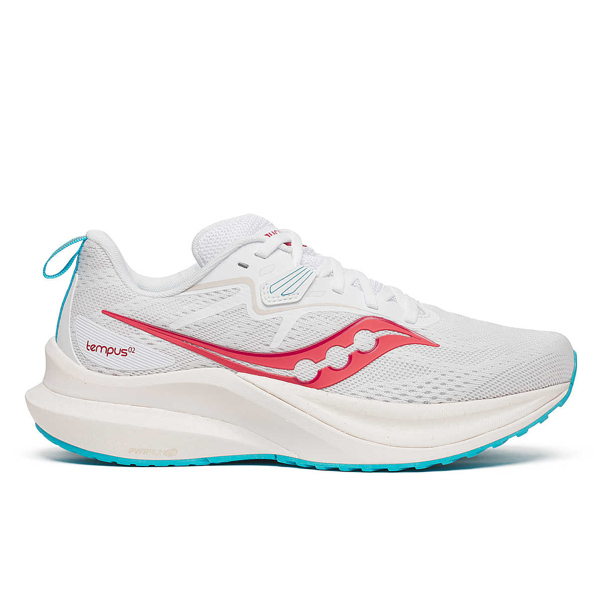 Side view on white background of Womens Saucony Tempus 2 running shoe in White/Cayenne, Medium (Regular) width