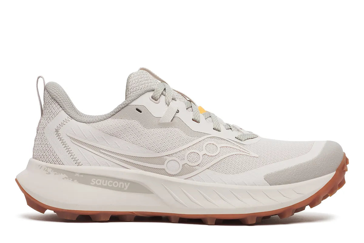 Side view on white background of Womens Saucony Peregrine 14 running shoe in Fog/Gum, Medium (Regular) width