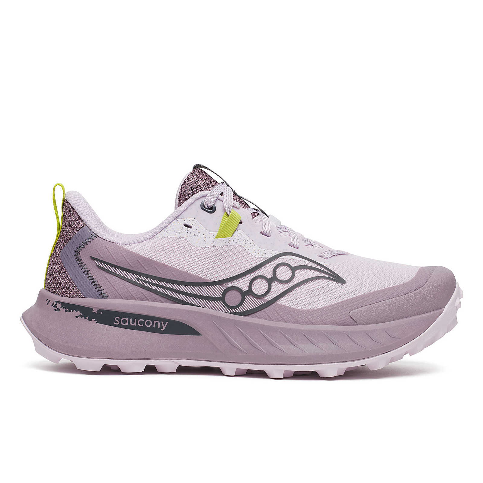 Side view on white background of Womens Saucony Peregrine 15 running shoe in Bloom/Quail, Medium (Regular) width