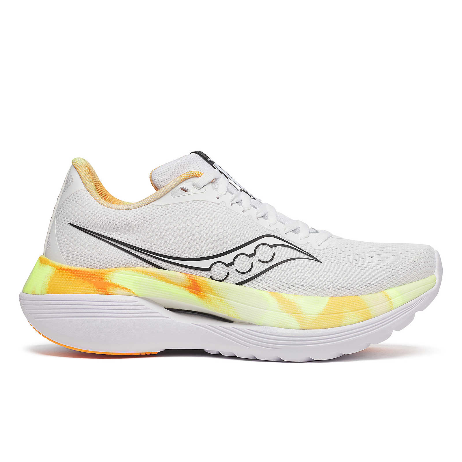 Side view on white background of Womens Saucony Endorphin Trainer running shoe in White/Black, Medium (Regular) width