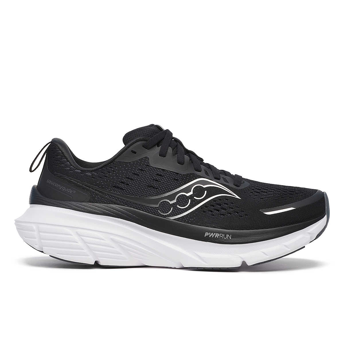 Side view on white background of Womens Saucony Guide 18 running shoe in Black/White, Wide width