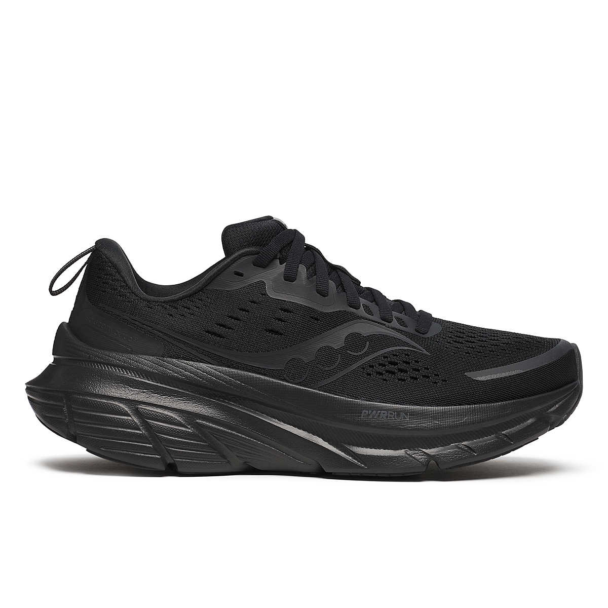 Side view on white background of Womens Saucony Guide 18 running shoe in Tripl Black, Medium (Regular) width