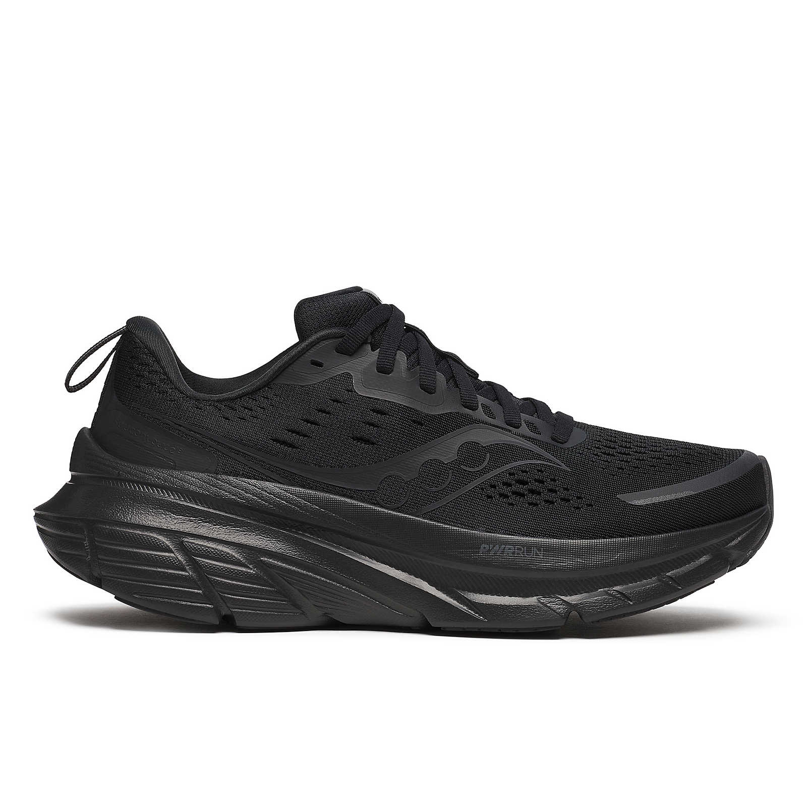 Side view on white background of Womens Saucony Guide 18 running shoe in Triple Black, Medium (Regular) width