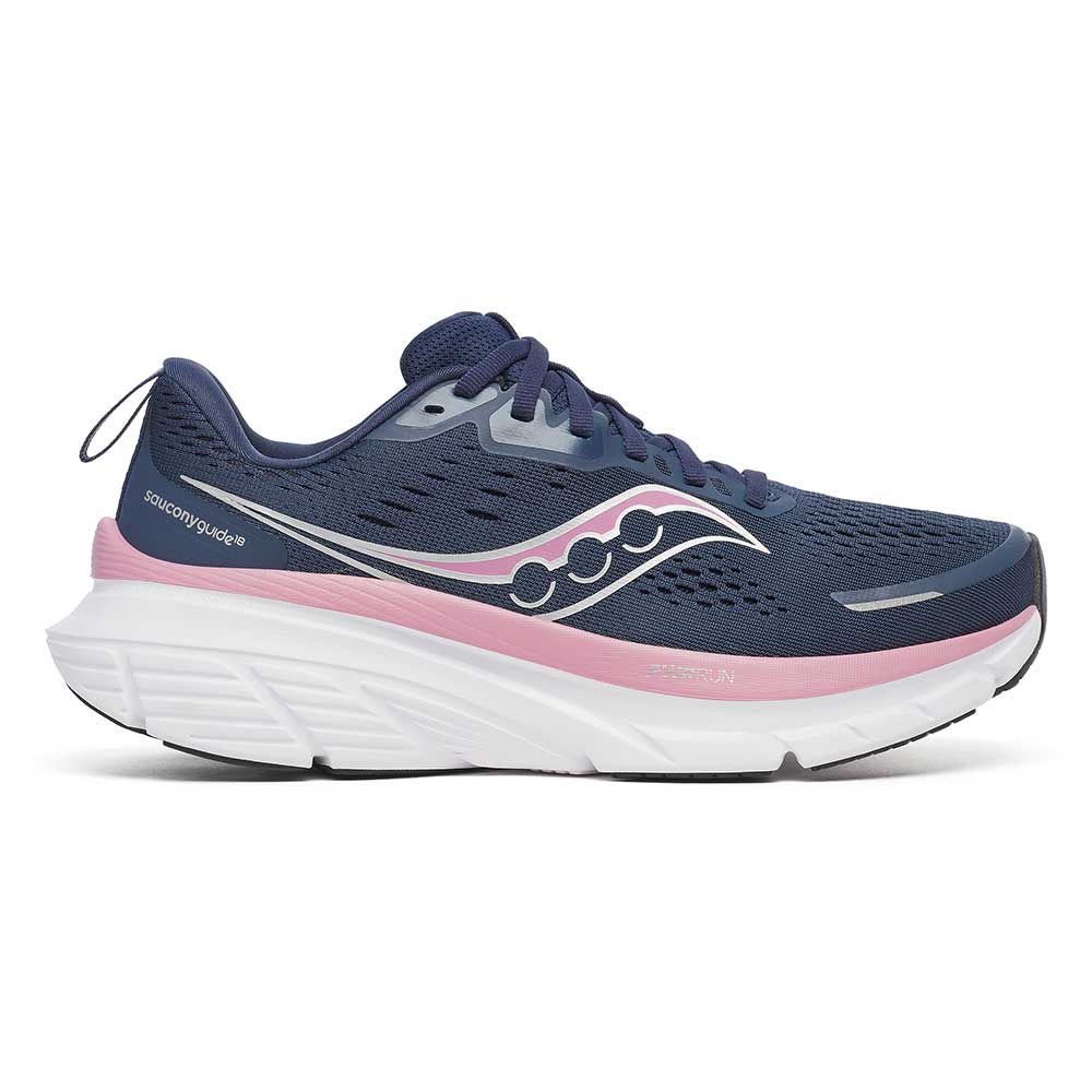 Side view on white background of Womens Saucony Guide 18 running shoe in Navy/Orchid, Medium (Regular) width