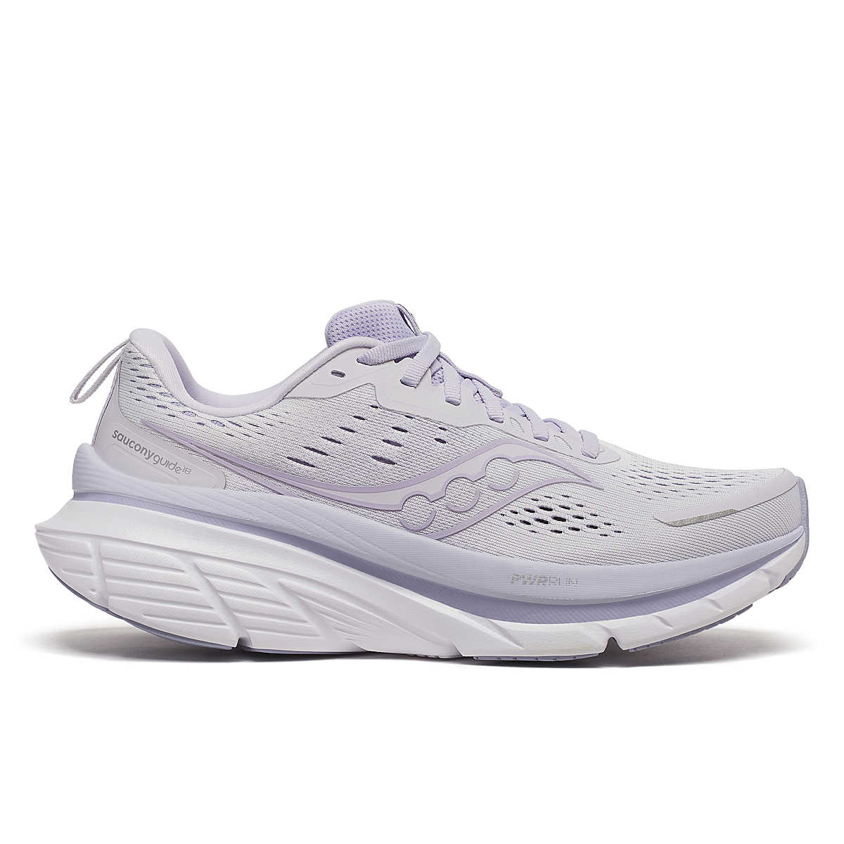 Side view on white background of Womens Saucony Guide 18 running shoe in Wistful/Aster, Medium (Regular) width