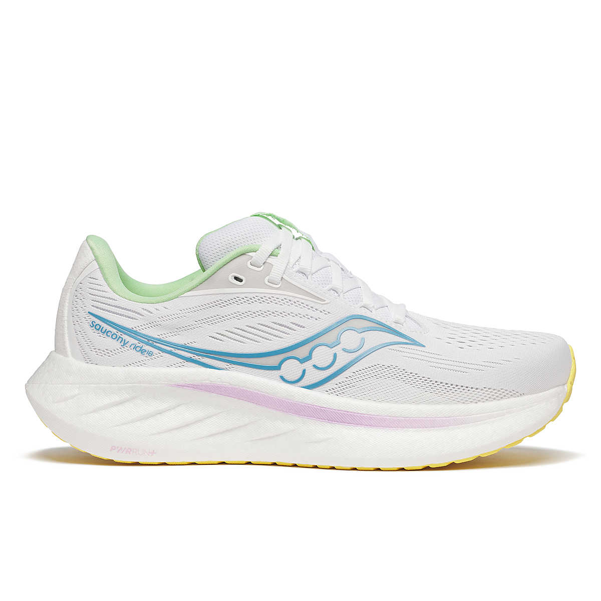 Saucony Ride 18 Womens running shoes in White/Verbena - side view on white background