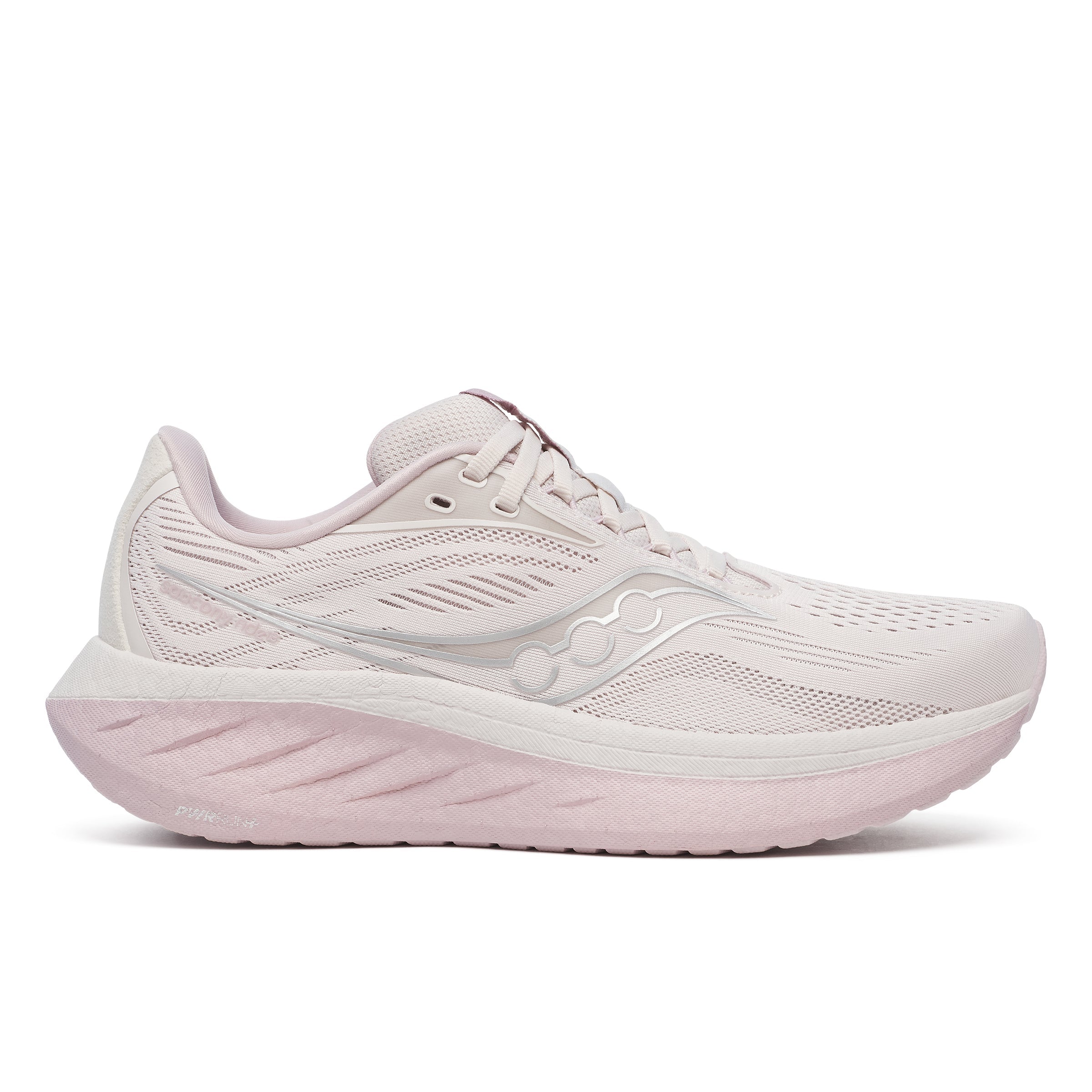 Side view on white background of Womens Saucony Ride 18 running shoe in Moon/Woodrose, Wide width