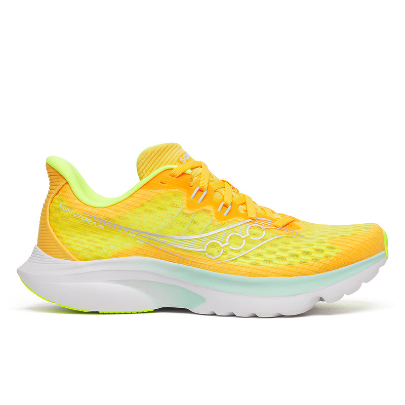 Side view on white background of Womens Saucony Kinvara 16 running shoe in Sunrise, Medium (Regular) width