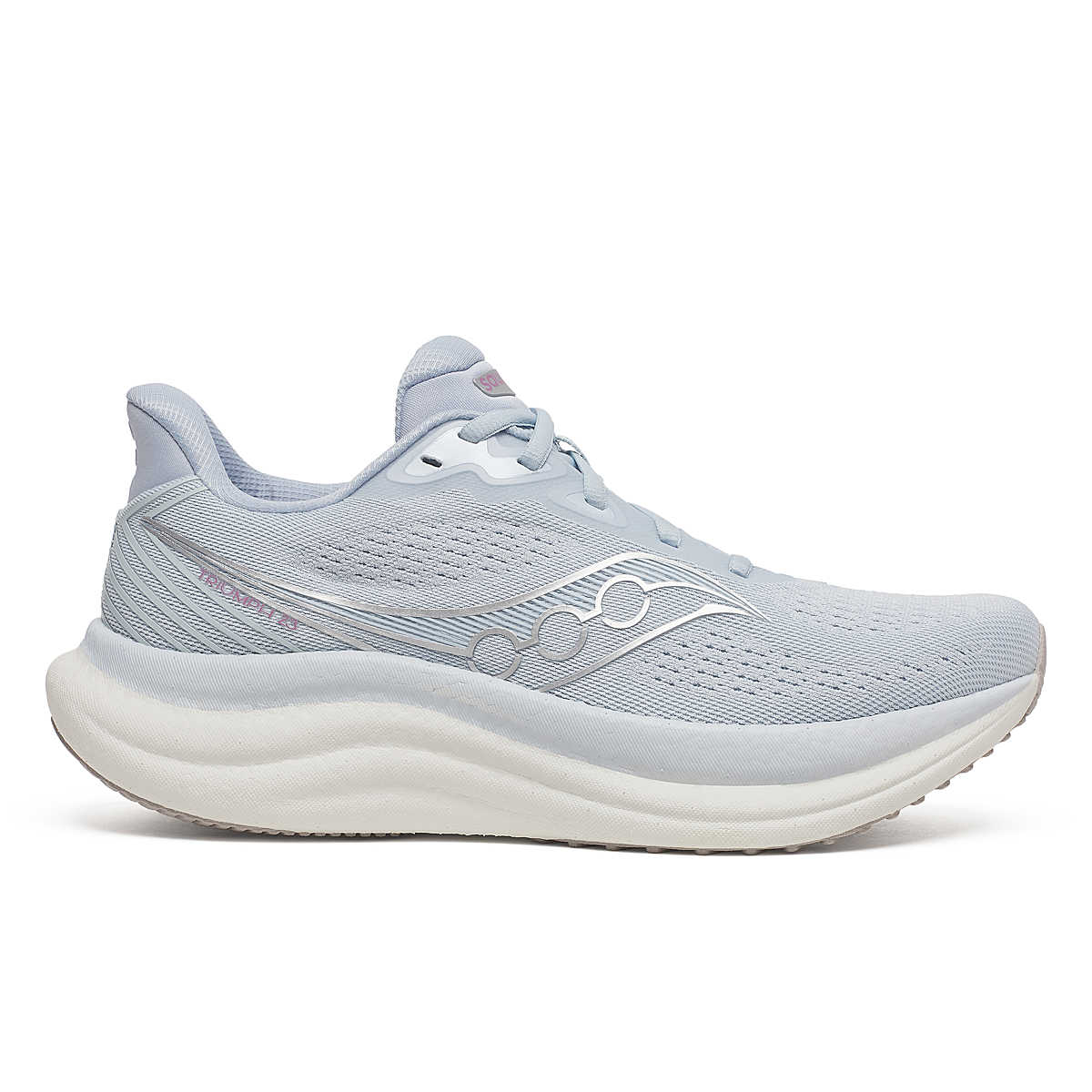 Side view on white background of Womens Saucony Triumph 23 running shoe in Vapor/Arctic, Wide width