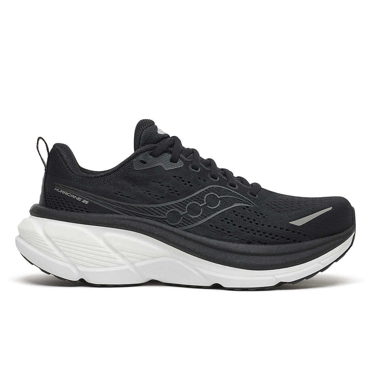 Side view on white background of Womens Saucony Hurricane 25 running shoe in Black/White, Wide width