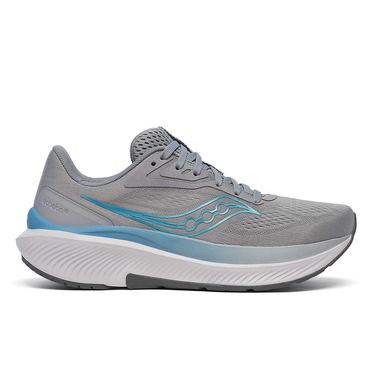 Side view on white background of Womens Saucony Echelon 10 running shoe in Flint/Breeze, Wide width