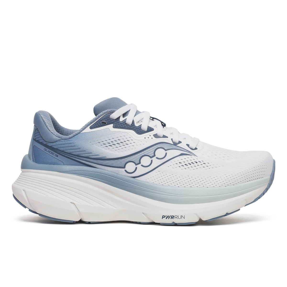 Side view on white background of Womens Saucony Guide 19 running shoe in White/Storm, Wide width