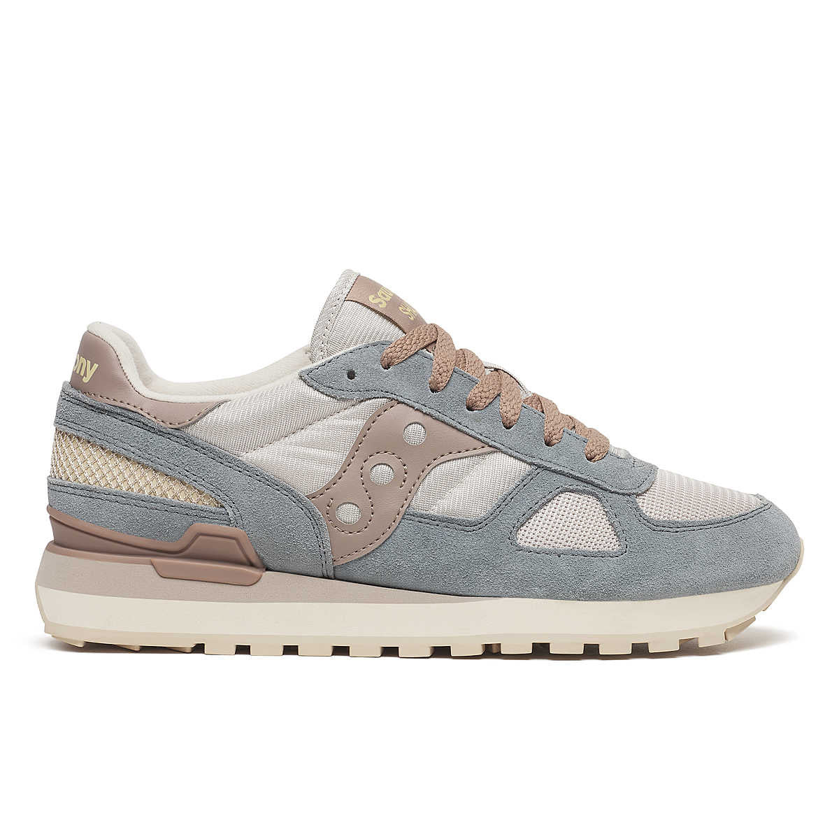 Side view on white background of Womens Saucony Shadow Original running shoe in Oat/Carbon, Medium (Regular) width