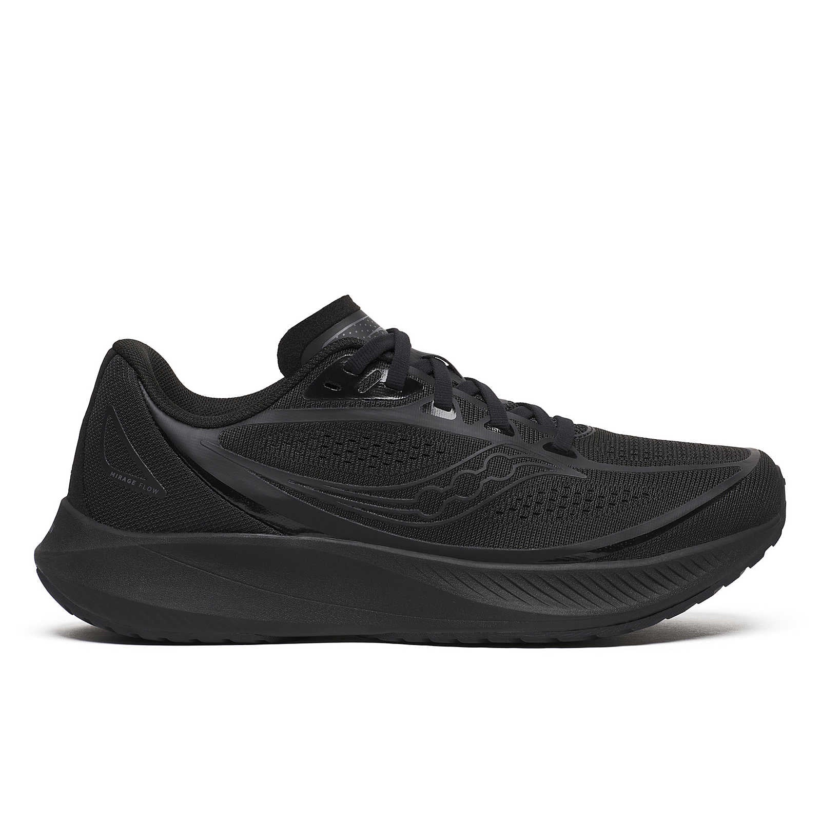 Side view on white background of Womens Saucony Mirage Flow running shoe in Triple Black, Medium (Regular) width