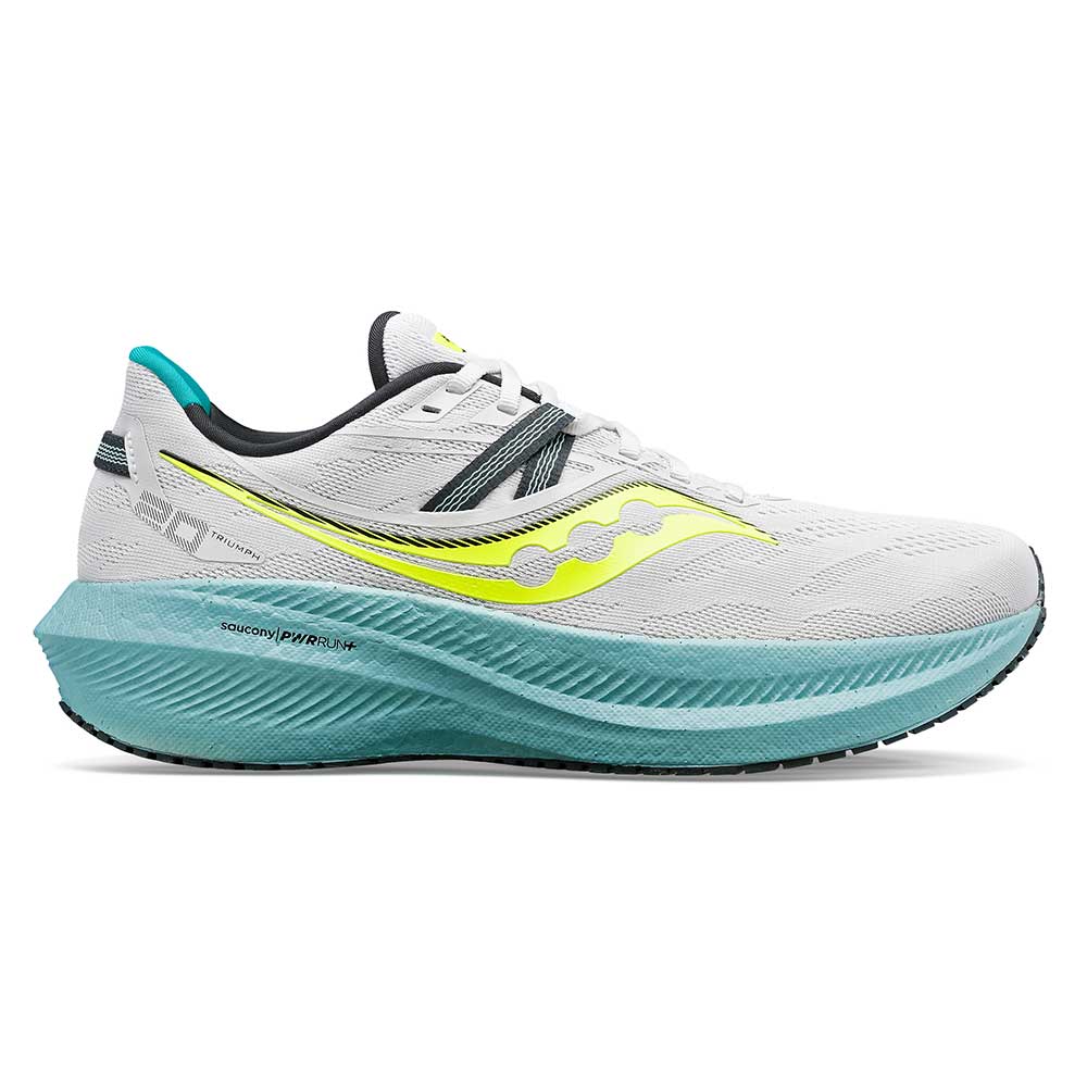 Side view on white background of Mens Saucony Triumph 20 running shoe in Fog and Mineral, Medium (Regular) width