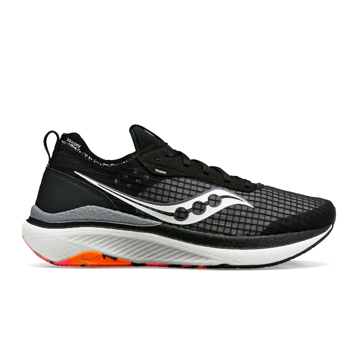 Side view on white background of Mens Saucony Freedom Crossport running shoe in Balck/Vizi, Medium (Regular) width