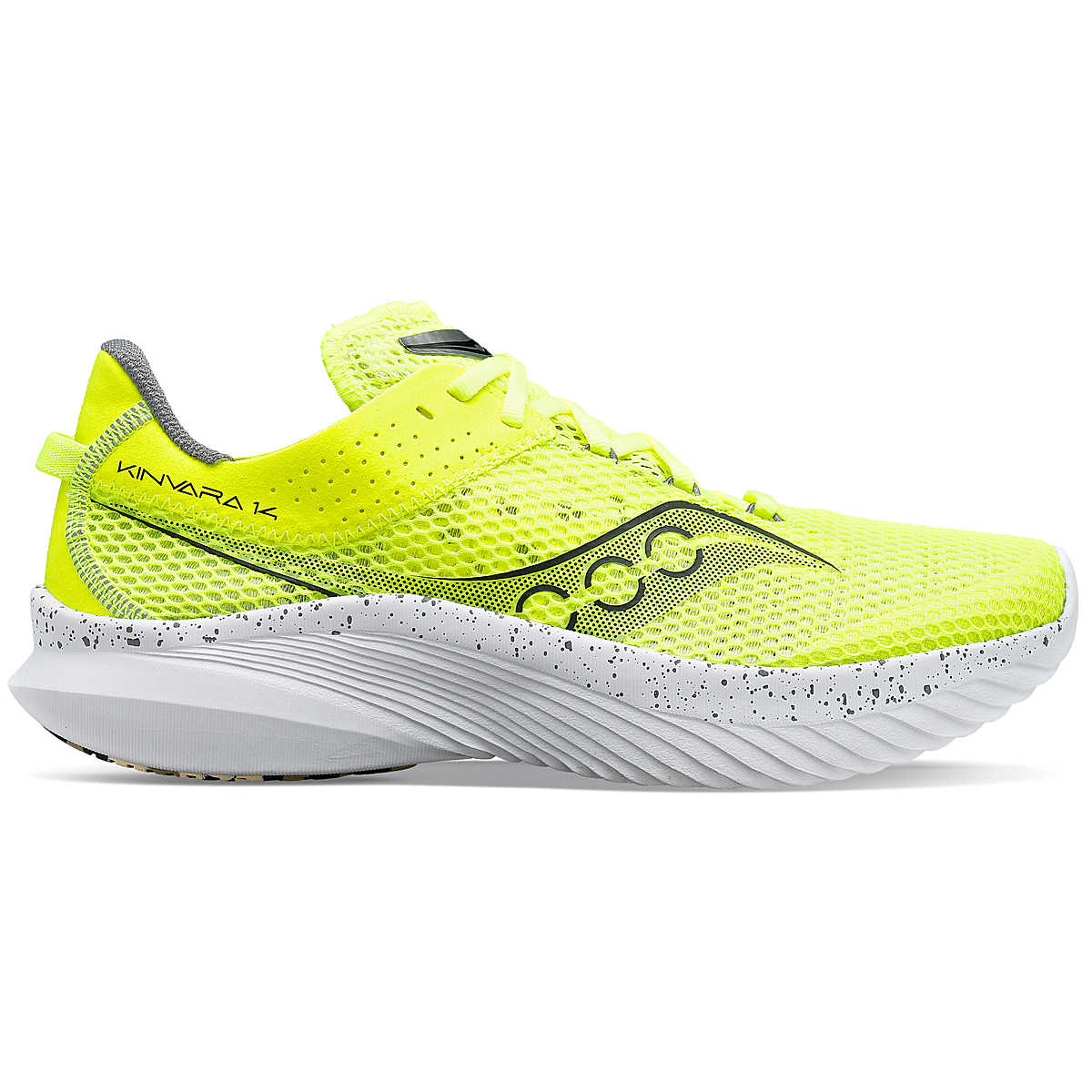 Side view on white background of Mens Saucony Kinvara 14 running shoe in Citron and Black, Medium (Regular) width