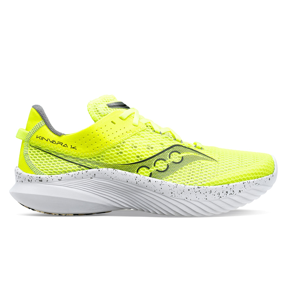 Side view on white background of Mens Saucony Kinvara 15 running shoe in Citron and Black, Medium (Regular) width