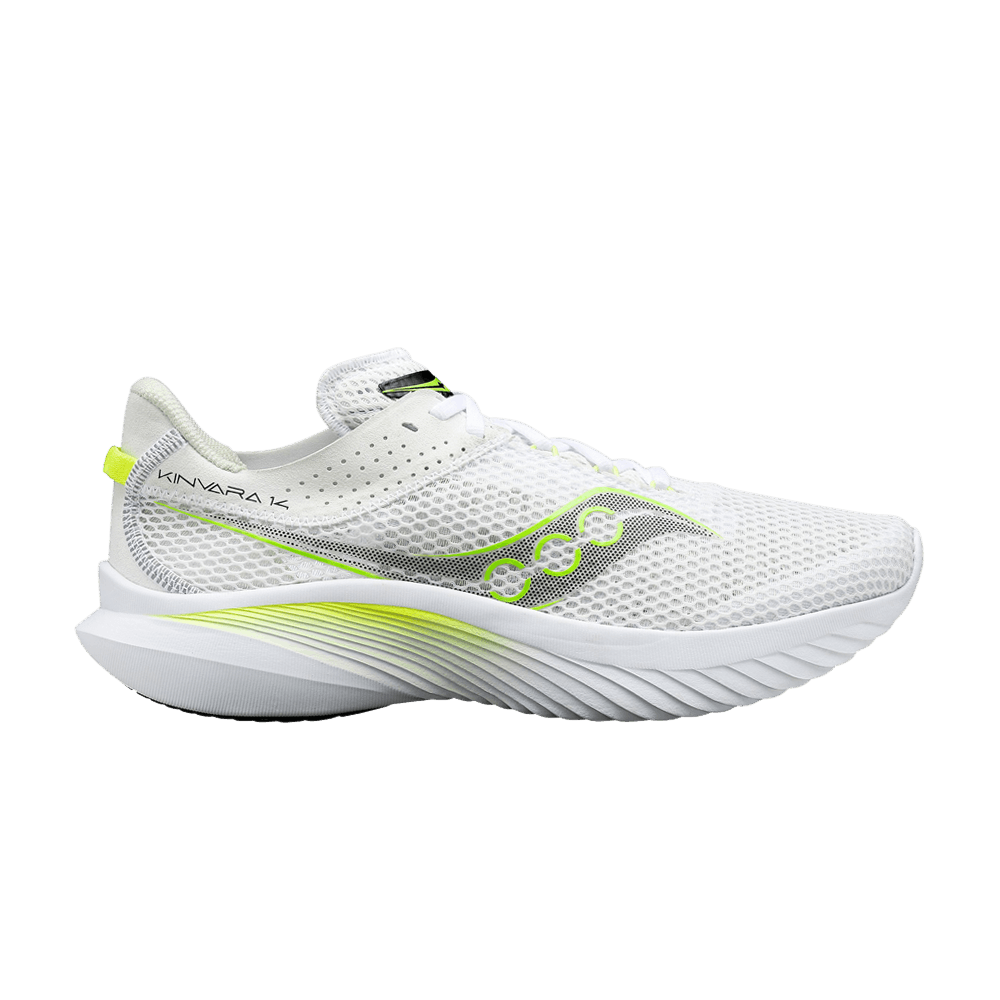 Side view on white background of Mens Saucony Kinvara 14 running shoe in White/Slime, Medium (Regular) width