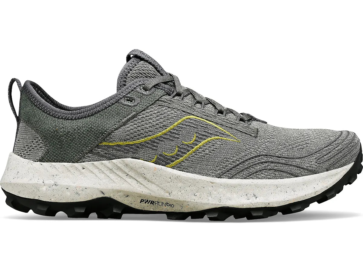 Side view on white background of Mens Saucony Peregrine RFG running shoe in Bough/Shadow, Medium (Regular) width