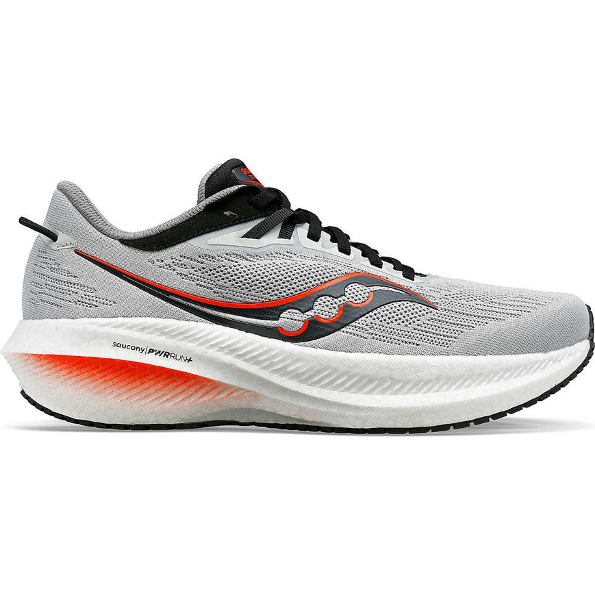 Side view on white background of Mens Saucony Triumph 21 running shoe in Concrete/Black, Wide width