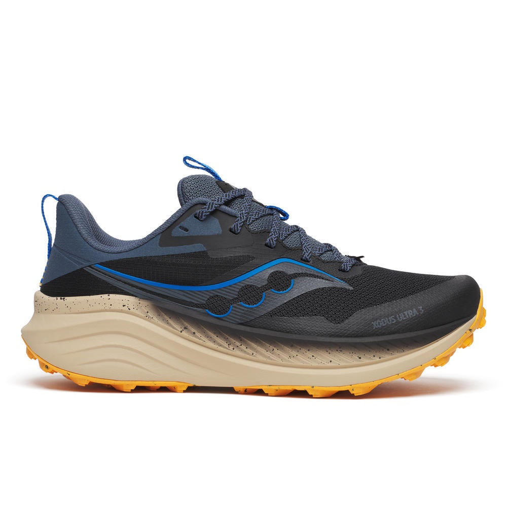 Side view on white background of Mens Saucony Xodus Ultra 3 running shoe in Black/Dusk, Medium (Regular) width