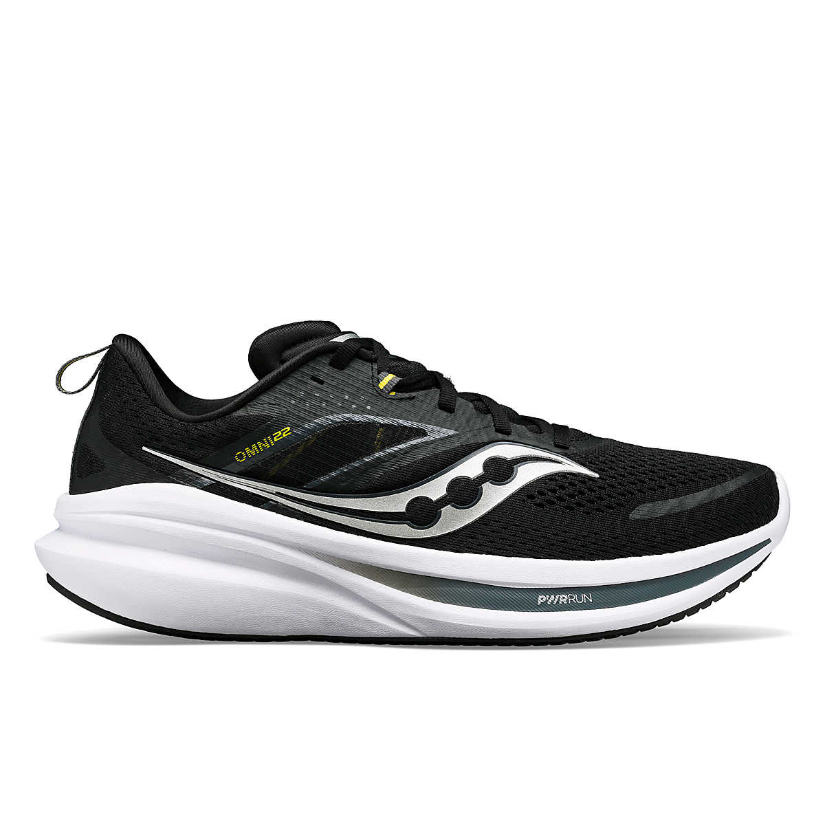 Side view on white background of Mens Saucony Omni 22 running shoe in Black/White, Wide width