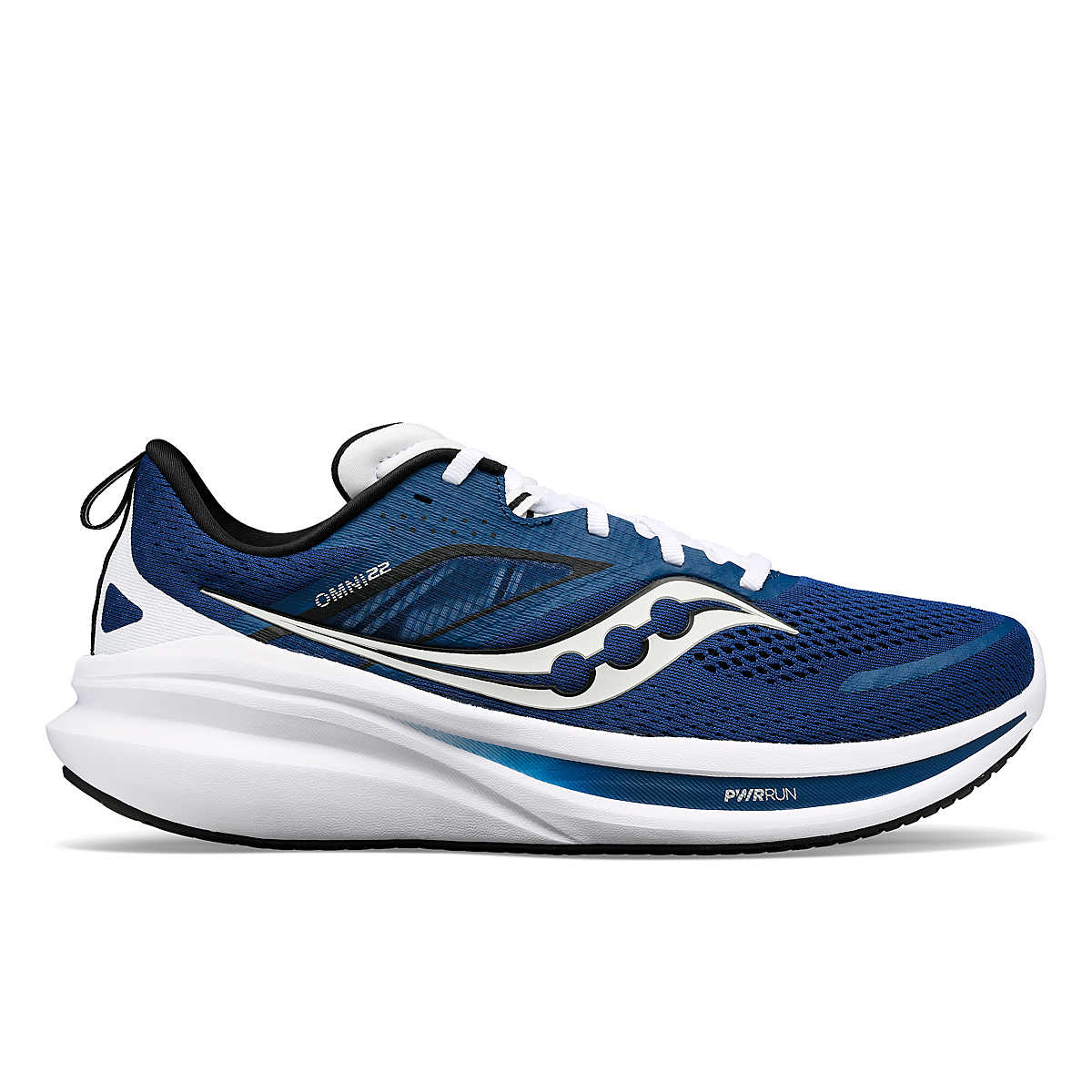 Side view on white background of Mens Saucony Omni 22 running shoe in Tide/White, Wide width