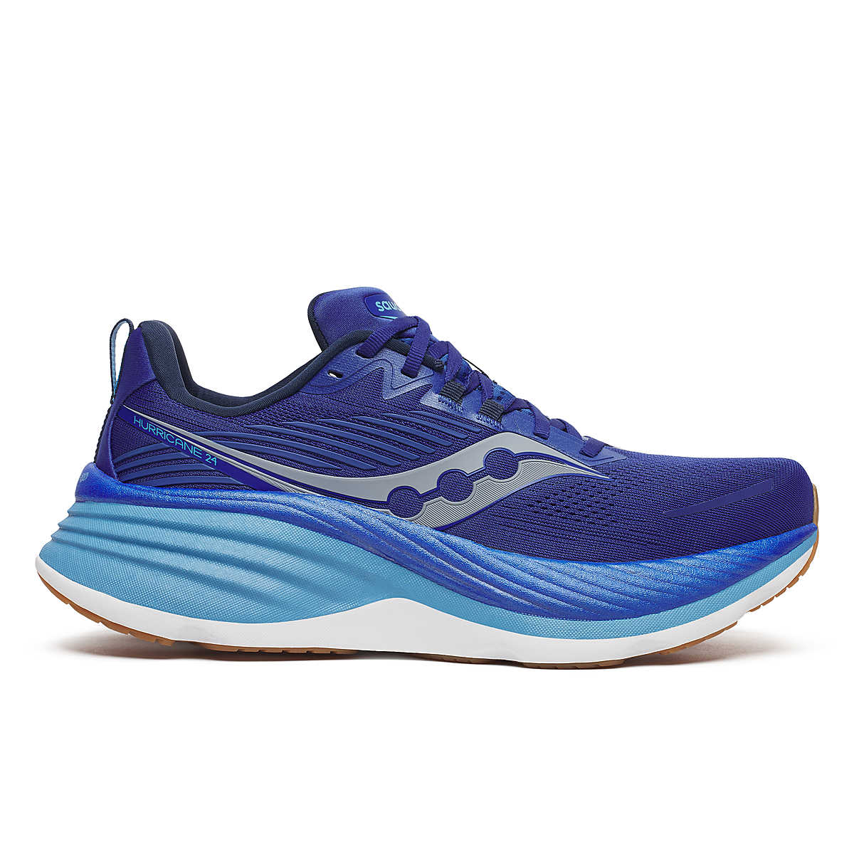 Side view on white background of Mens Saucony Hurricane 24 running shoe in Azurite, Medium width