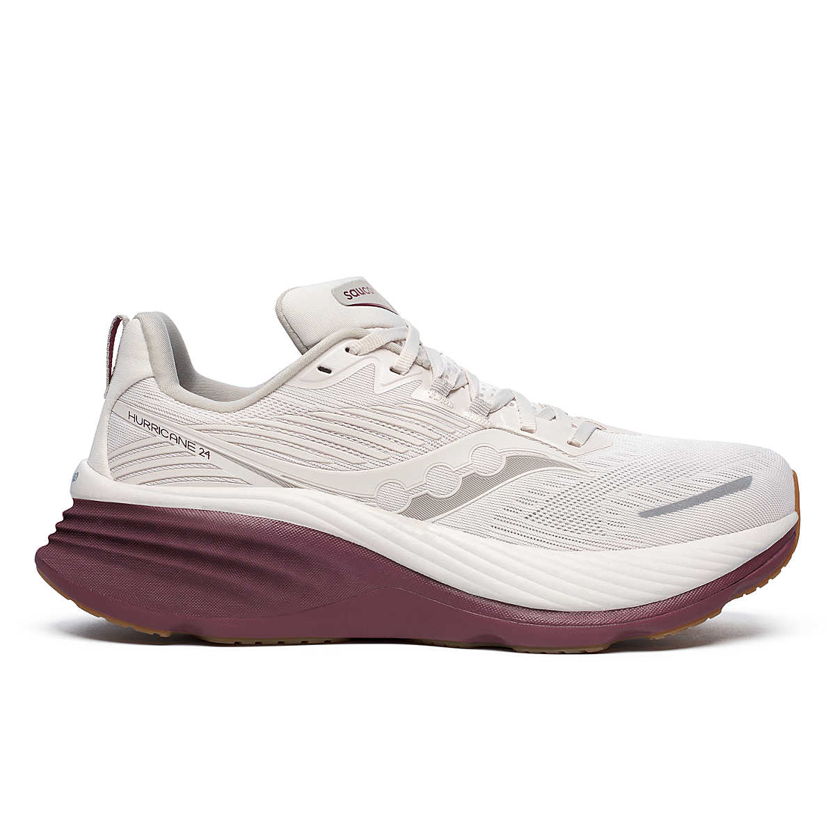 Side view on white background of Mens Saucony Hurricane 24 running shoe in Moon/Currant, Medium (Regular) width