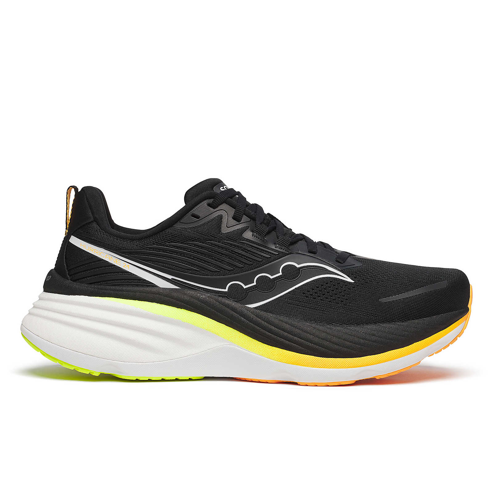 Side view on white background of Mens Saucony Hurricane 24 running shoe in Black/V02, Medium (Regular) width