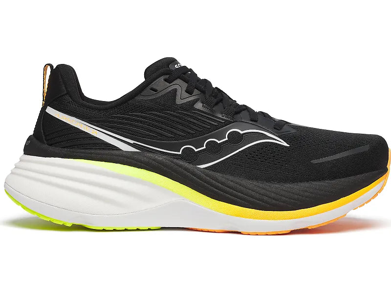 Side view on white background of Mens Saucony Hurricane 24 running shoe in Black/VO2, Medium (Regular) width